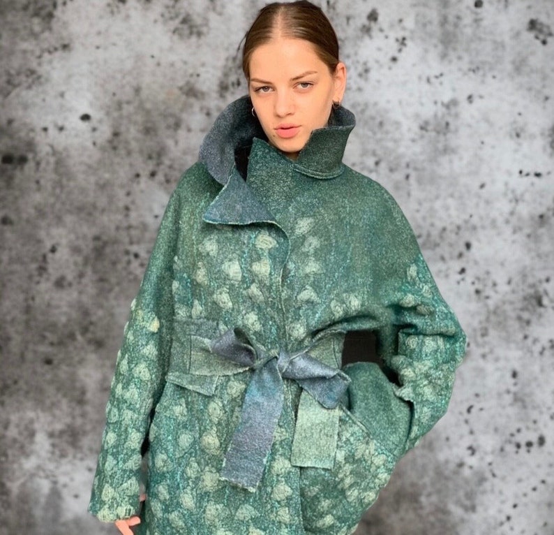 Stylish Handcrafted Felted Emerald Green Wool Coat for Women