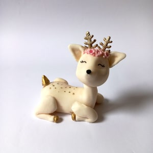 White Deer Fondant Cake Topper with Gold Accents | Handcrafted Wildlife Decoration for Elegant Cakes | Baby Fawn Baby Shower Cake Topper