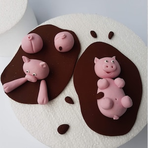 Può includere: Due figurine di maiali rosa su una decorazione per torta di fondant marrone. Un maiale è sdraiato sulla schiena in una pozza di fango marrone, l'altro maiale è in piedi sulle quattro zampe in una pozza di fango marrone.