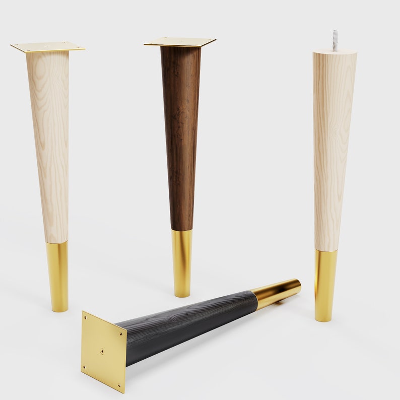 Set of 4 Tapered Wood Legs With Brass Feet Hardwood Coffee Etsy