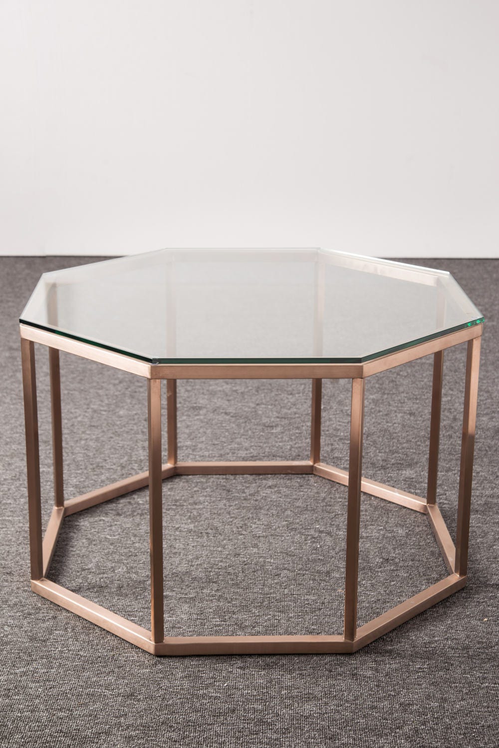 Hexagon Glass Coffee Table, Stainless Steel Legs, Mid Century