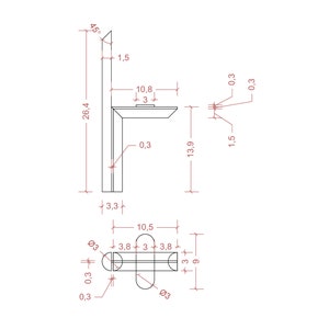May include: Line drawing of a metal shelf unit with dimensions labeled in inches. The shelf unit is 26.4 inches tall, 13.9 inches wide, and 3.3 inches deep. The shelf is 10.8 inches long and 3 inches wide.