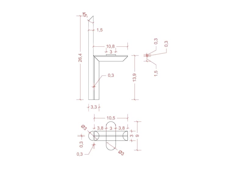 May include: Line drawing of a metal shelf unit with dimensions labeled in inches. The shelf unit is 26.4 inches tall, 13.9 inches wide, and 3.3 inches deep. The shelf is 10.8 inches long and 3 inches wide.