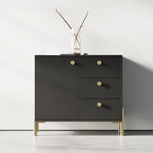 May include: A dark gray cabinet with three drawers and a door. The cabinet has gold metal legs and round gold knobs.