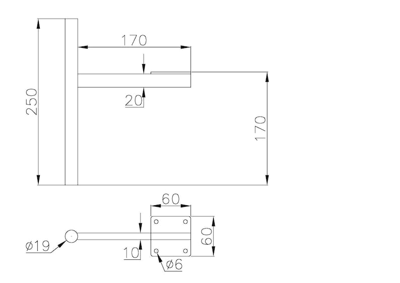 Puede incluir: Un soporte de metal negro con dimensiones de 170 x 170 x 250 mm. El soporte tiene un estante de 20 mm de ancho y una placa de montaje de 60 mm de ancho con cuatro agujeros. La placa de montaje tiene un agujero de 6 mm de di&aacute;metro en cada esquina.