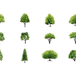 May include: A collection of twelve different green trees with varying shapes and sizes, isolated on a white background.