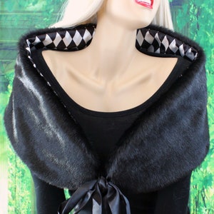 Minky Black Faux Fur with Harlequin Satin Stole Wrap