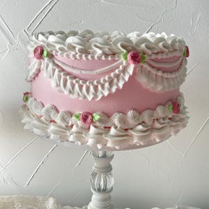 Pink fake cake, white and pink faux cake, 8 inch  cake, 5 inches tall