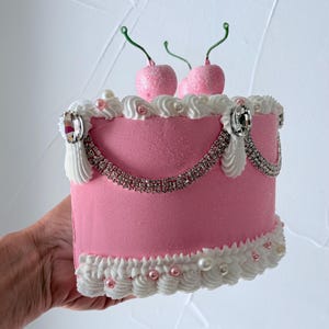 Pink fake cake, rhinestones cake wall hanging, cherry cake wall decorations, 8 inch