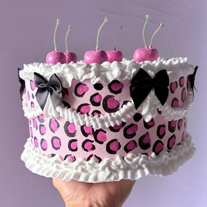 Pink fake cake, pink cheetah faux cake, 8 inch pink cake with cherries and bows