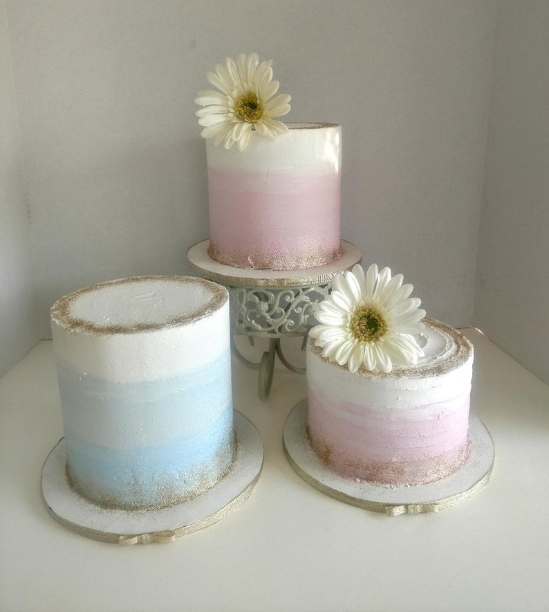 Fake cake for display or photographers photo prop white and gold styrofoam 6 dummy cake pink