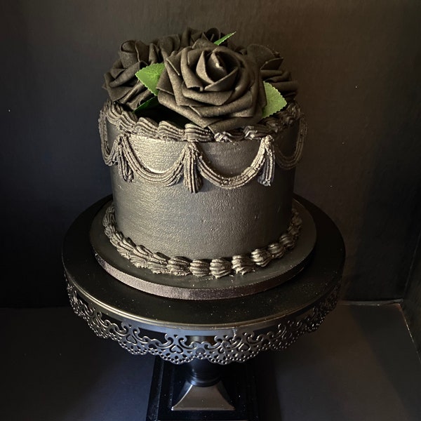 Black fake cake, black roses, 6 inch faux cake