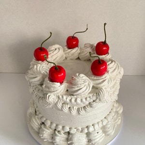 White fake cake, 6 inch faux cherry cake, white display cake