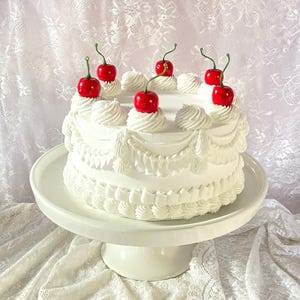 White fake cake, 8 inch faux cherry cake, white display cake