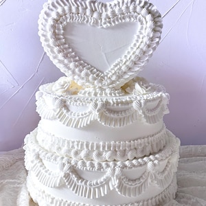 Fake White Wedding Cake: 3-Tier Heart Cake, Vintage Piping, 14" Tall