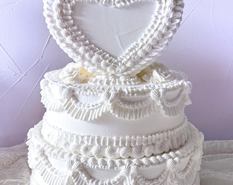 Fake White Wedding Cake: 3-Tier Heart Cake, Vintage Piping, 14&quot; Tall
