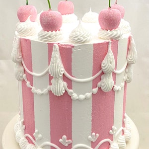 6 inch pink fake cake, pink and white faux cake, pink cherry cake