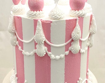 6 inch pink fake cake, pink and white faux cake, pink cherry cake