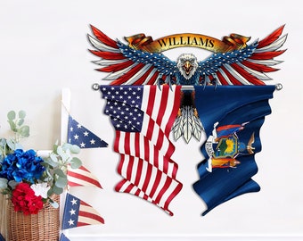 Patriotic American Flag, Eagle Metal Sign, Custom Family Name, Man Cave, Metal Sign, Military Gift, Bald Eagle Wall Decors, USA Eagle Flag