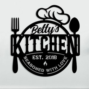 Personalized Kitchen Cut Metal Sign Ready to Hang - Seasoned w/ Love Wall Art Decoration for Pantry Farmhouse Dining Room Restaurant
