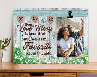 Customized Couple Wooden Photo Clip Frame, Every Love Story Is Beautiful But Our Is My Favorite w Custom Name, Gift for Him Her Husband Wife