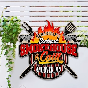 Personalized Smokehouse & Grill Metal Sign - Best In Town BBQ Signs Wall Hanging Décor for Kitchen Restaurant Backyard Patio Porch Pub