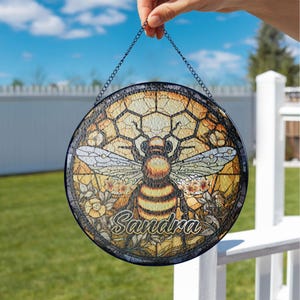 Custom Bee Stained Glass Window Hanging, Honey Bee Suncatcher Decor for Home Garden, Bees Gifts for Gardeners Lovers Mom, Bee Accessories
