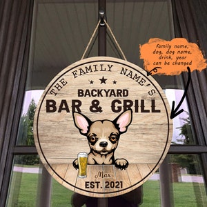 Personalized Bar and Grill Backyard Wooden Sign 12x12 18x18 | Custom Dogs Breeds Wall Signs Decors Custom Name Sign | Round Wood Sign