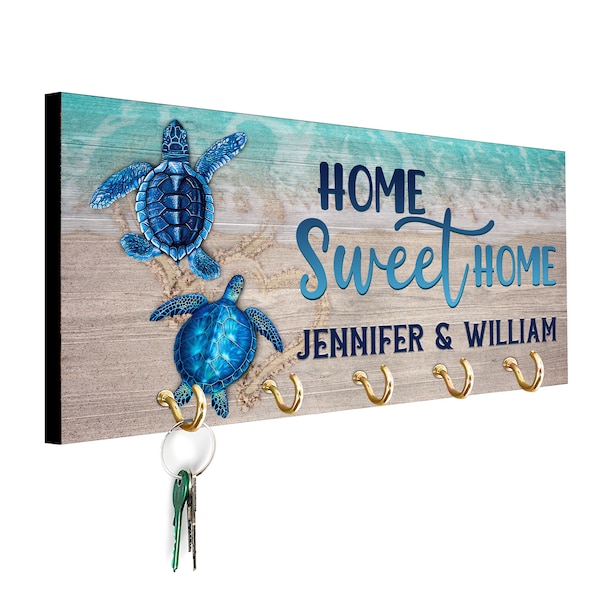 Personalized Beach House Key Holder for Wall - Home Sweet Home, Customized Key Hook Decor for Kitchen, Living Room - Gift with Custom Family