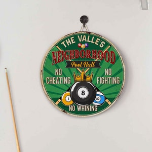Personalized Neighborhood Pool Hall Printed Wood Sign - No Fighting No Whining Vintage Wall Hanging Decoration for Billiard Gameroom Club