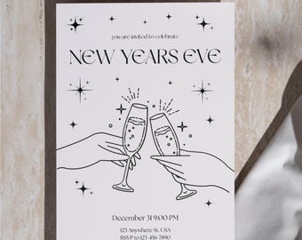 May include: A white New Year's Eve invitation with black text and illustrations. The invitation features the text "New Years Eve", two champagne glasses clinking, and the date, time, and location.
