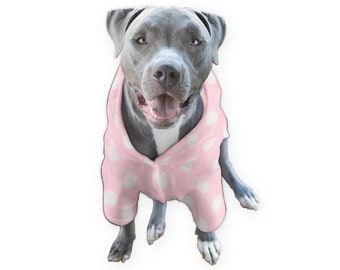 Puede incluir: Un perro gris y blanco con un pijama rosa de lunares blancos.