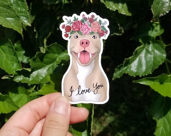 Pitbull Sticker Pit Bull Decal I Love You Sticker Staffy Sticker Dog with Flower Crown Staffordshire Terrier Vinyl Sticker