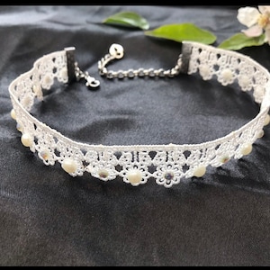 Bridal Ivory Lace Guipure Choker Wedding Jewellery with Iridescent diamanté and Pearl effect Choker