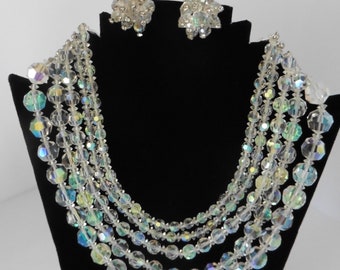 1950's or 60's Five Strand Choker Aurora Borealis Crystal Necklace With Matching Earrings