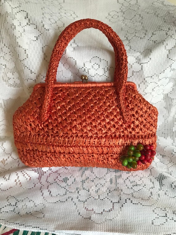 1960's Vintage Orange Raffia Bag