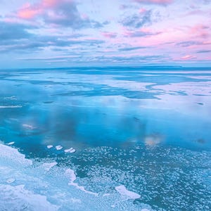 Sunrise Lake Michigan | Northport | Michigan Photography | Great Lakes Art | Fine Art Print | Metal | Blue | Pink Sky | Winter Ice | Aerial