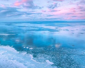Lake Michigan Sunrise Aerial Print: Northport Winter Ice Art