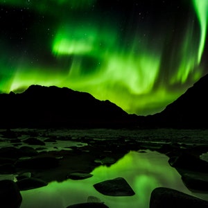 Northern Lights, Norway Sky Art, Aurora Borealis Norway, Lofoten Island Metal,   &quot;Reflections in Green&quot;
