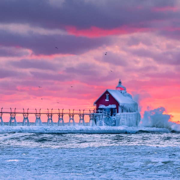 Grand Haven Lighthouse, Grand Haven Pier, Michigan Photography, Lighthouse Metal Art, Winter Landscape Print, Pink Sunset, Lake Michigan