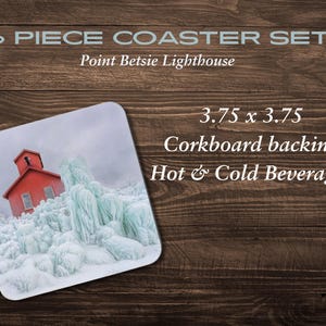 May include: Set of 6 coasters featuring a red lighthouse covered in ice and snow. The coasters are 3.75 inches by 3.75 inches and have a corkboard backing. They are suitable for hot and cold beverages.