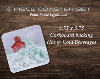 Point Betsie Lighthouse Coaster Set: Lake Michigan Winter Scene