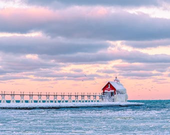 Grand Haven Lighthouse Print: Winter Lake Michigan Sunrise