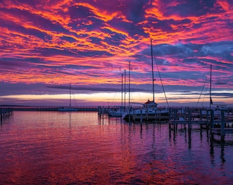 Vibrant Water Art, Northport Marina Fine Art Print, Deep Red Sunrise Metal Wall Art, Red Skies, Nautical Scene,