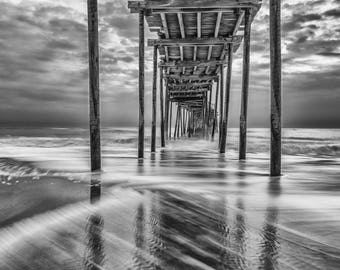 OBX Black and White, Black and White Pier Print, Ocean Pier Art, Pier Wall Art, "Black and White Avon Pier"