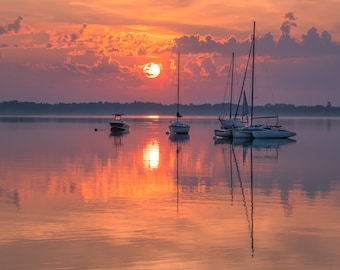 Sailboats and Sunrise Wall Art | Lake Michigan Nautical Decor | Coastal Landscape Print | Serene Lake Art | Great Lakes Print | Fine Art