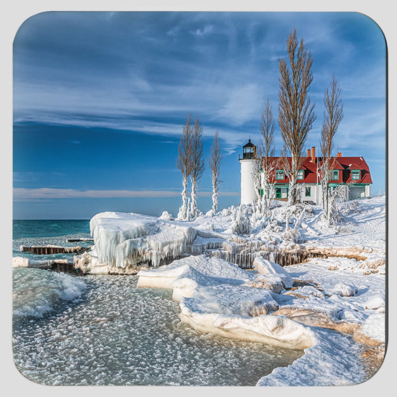 Lighthouse Four Coaster Set, 4 Nautical Coasters, Point Betsie Lighthouse, Lake Michigan Gift, Drink Coaster Set, 4 Coasters, Beer Mat image 3