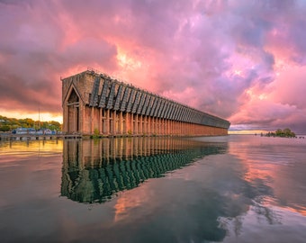 Iron Ore Dock, Upper Peninsula, Marquette Michigan, Fall Color Art, Fall Foliage Metal Print, UP Print, Sunrise Print, Industrial Art