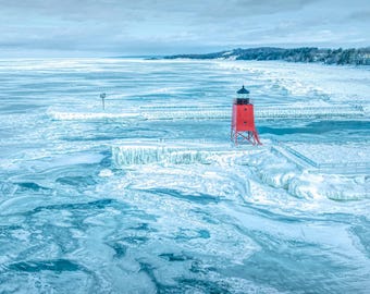 Charlevoix Lighthouse Print: Lake Michigan Winter Ice Aerial Art