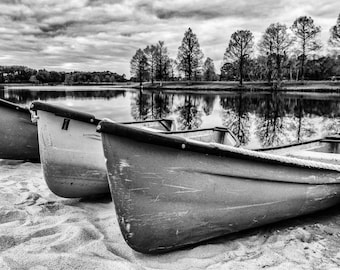 Canoe Print, Black and White Photo, Canoe Photo, Water Reflection, "Morning Canoe Print"